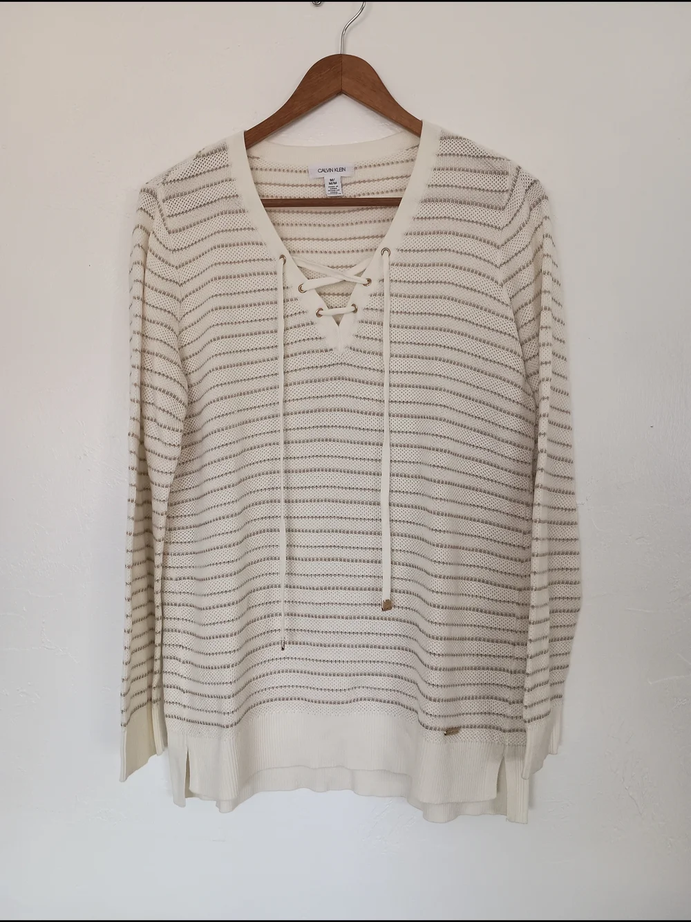 Calvin Klein Cream Sweater with Light Brown Gold Stripes and Lace-Up V Neck